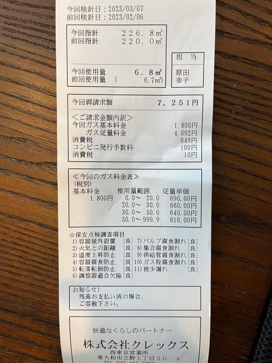 クレックス-使用量6.８m3-料金￥7251